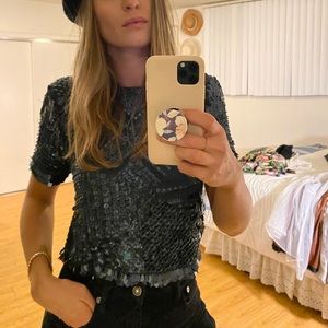 Green beaded sequin top